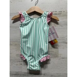 James & Lottie Swimsuit Girls 24M Mint Pink Striped Ruffle UPF 50+ NWT